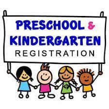 Stick Figures with different color shirts holding up a sign that says "Preschool & Kindergarten Registration"