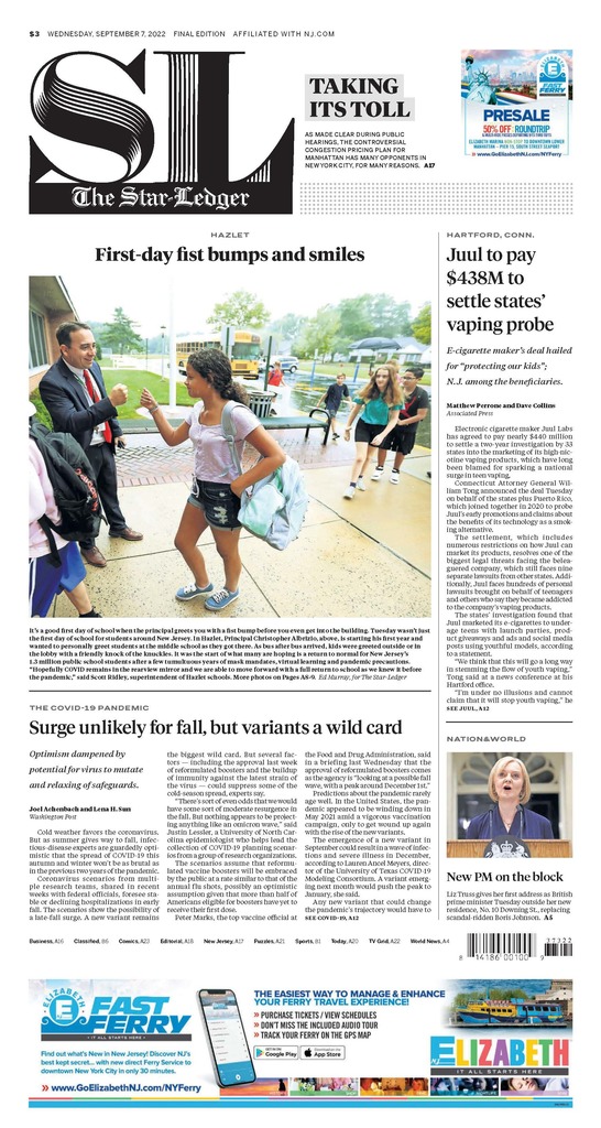 A picture of the front page of a news article by the star ledger.  There is a picture with a student fist bumping the Middle School Principal. There is small text and some advertisements placed randomly about.